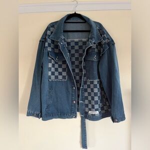 Asymmetrical Denim Checkered Jacket